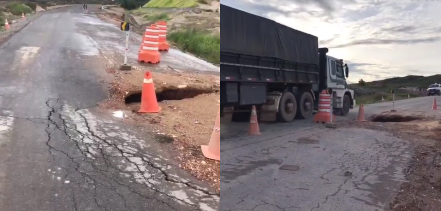 Trecho da BR-174 em Pacaraima é interditado após asfalto ceder