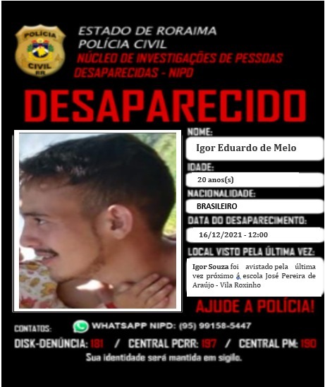 Polícia pede ajuda da população para encontrar jovem desaparecido