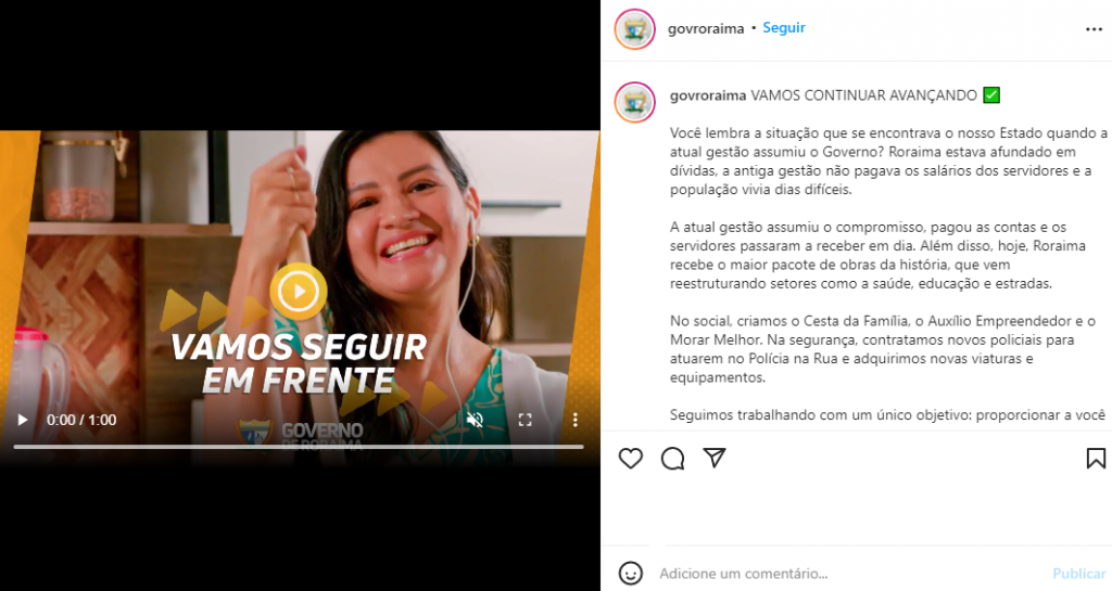 foto mostra print de propaganda eleitoral antecipada nas redes do Governo de Roraima