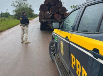 PRF apreende carga de madeira ilegal em caminhão dirigido por adolescente