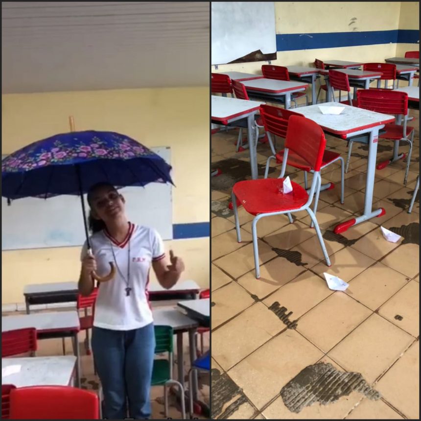 Aluna usa guarda-chuva e ‘barquinho de papel’ em sala de aula para protestar por goteiras em escola no interior de RR; veja vídeo