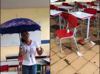 Aluna usa guarda-chuva e ‘barquinho de papel’ em sala de aula para protestar por goteiras em escola no interior de RR; veja vídeo