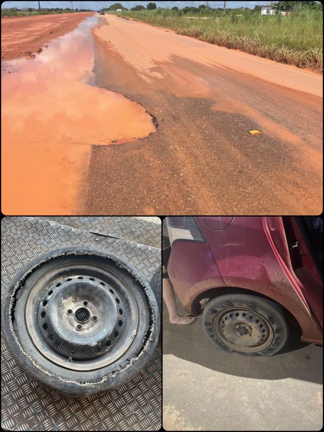 Mulher têm pneus de carro destruídos por precariedade da estrada RR-205; veja vídeo