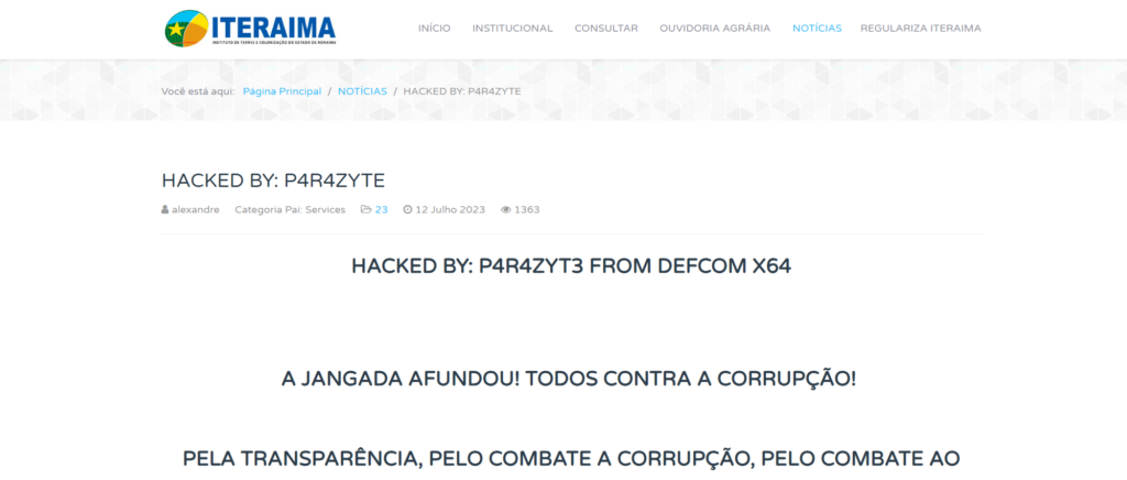 Hackers invadem site do Iteraima e mandam recado: "todos contra a corrupção"