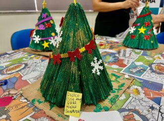 Jovens que cumprem medidas socioeducativas em RR confeccionam pinheiros de Natal com materiais reciclados em oficinas