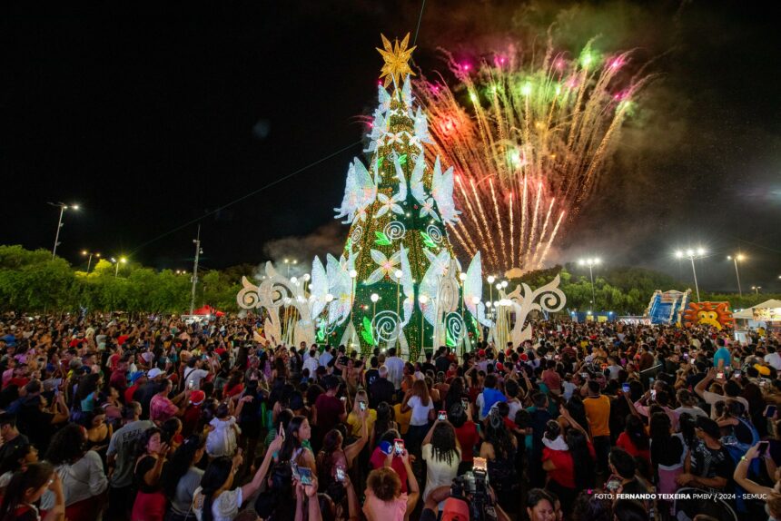 Árvores de Natal gigantes são acesas em bairros de Boa Vista 