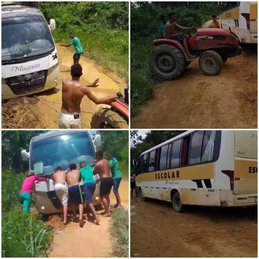 Alunos empurram ônibus do transporte escolar quebrado em vicinal de Caroebe