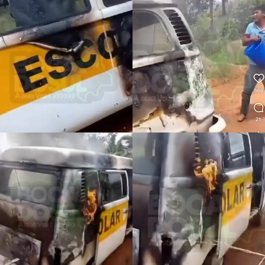 Kombi de transporte escolar do Governo do Estado pega fogo em vicinal no Sul de Roraima