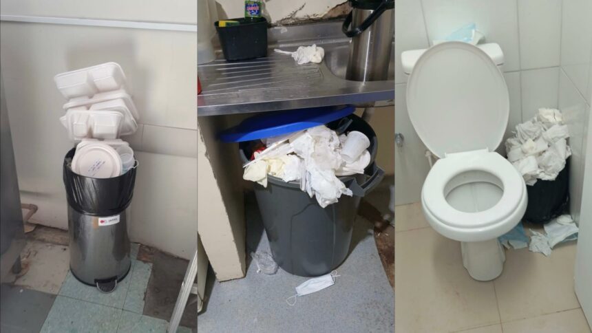 Denúncia: imagens mostram lixeiras transbordando e banheiros sujos no HGR por falta de pagamento do Governo à empresa responsável por limpeza