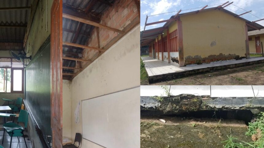 Fezes de morcegos nas salas, forro estragado e fossa aberta, diz denúncia sobre situação de escola no Baixo Rio Branco